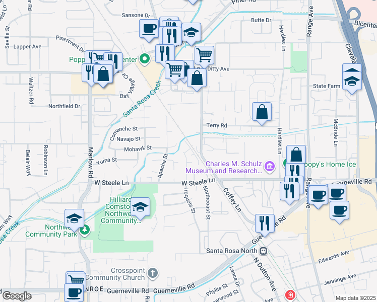 map of restaurants, bars, coffee shops, grocery stores, and more near 2843 Apple Valley Lane in Santa Rosa