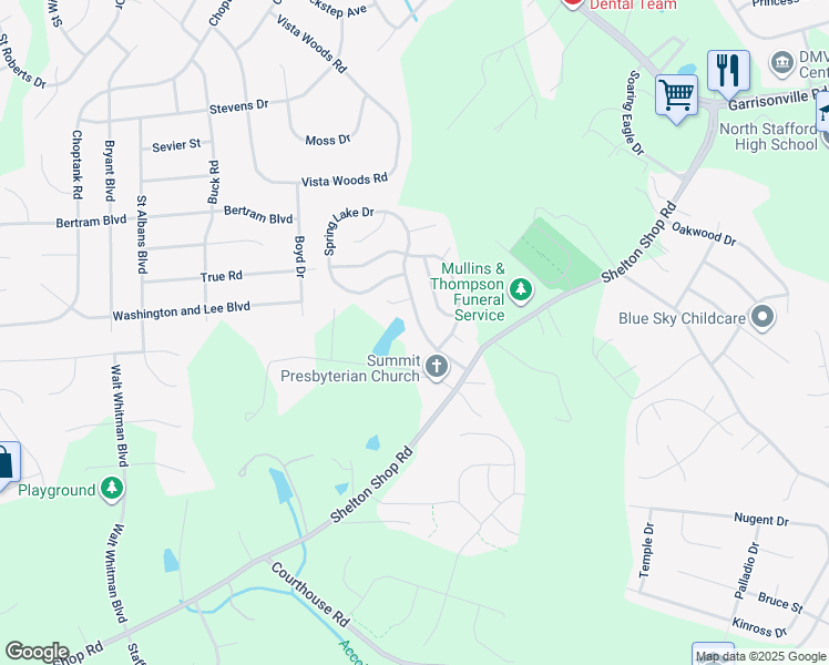map of restaurants, bars, coffee shops, grocery stores, and more near 29 Spring Lake Drive in Stafford