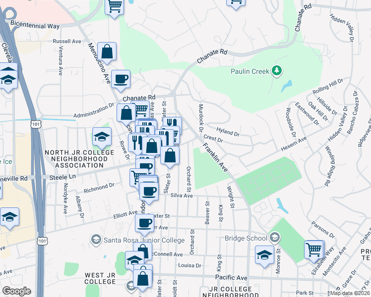map of restaurants, bars, coffee shops, grocery stores, and more near 2161 Orchard Street in Santa Rosa