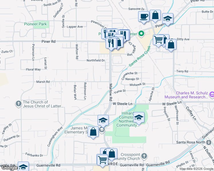 map of restaurants, bars, coffee shops, grocery stores, and more near 2874 Marlow Road in Santa Rosa