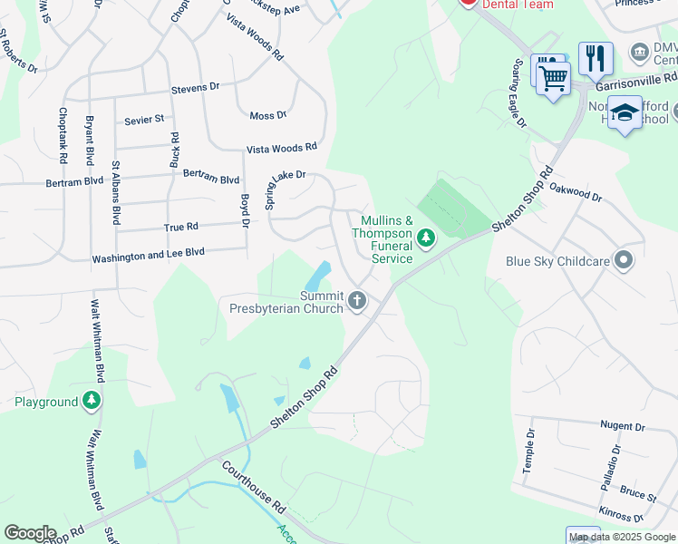 map of restaurants, bars, coffee shops, grocery stores, and more near 29 Spring Lake Drive in Stafford
