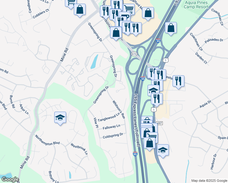 map of restaurants, bars, coffee shops, grocery stores, and more near 800 Stafford Glen Court in Stafford