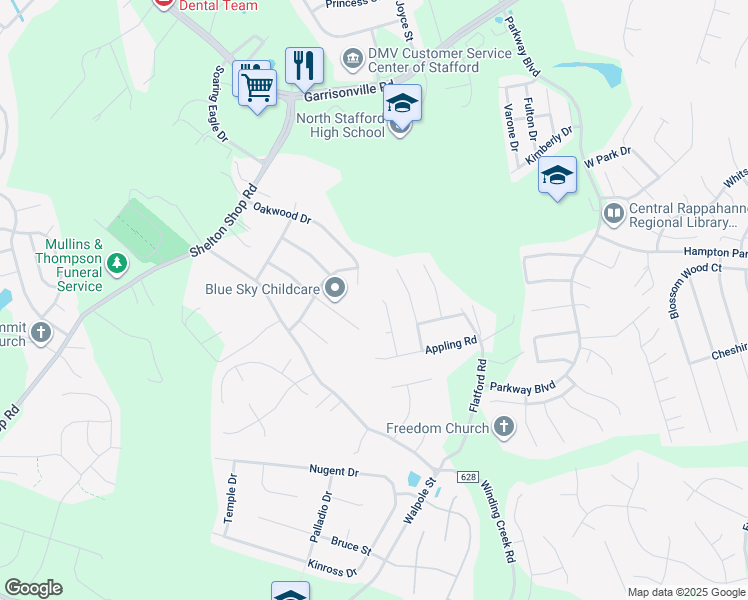 map of restaurants, bars, coffee shops, grocery stores, and more near 15 Wexwood Court in Stafford