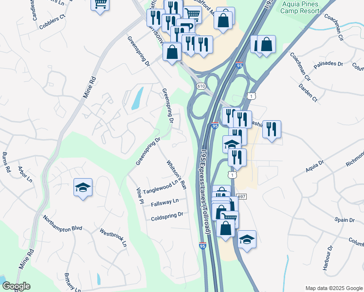 map of restaurants, bars, coffee shops, grocery stores, and more near 511 Stafford Glen Court in Stafford