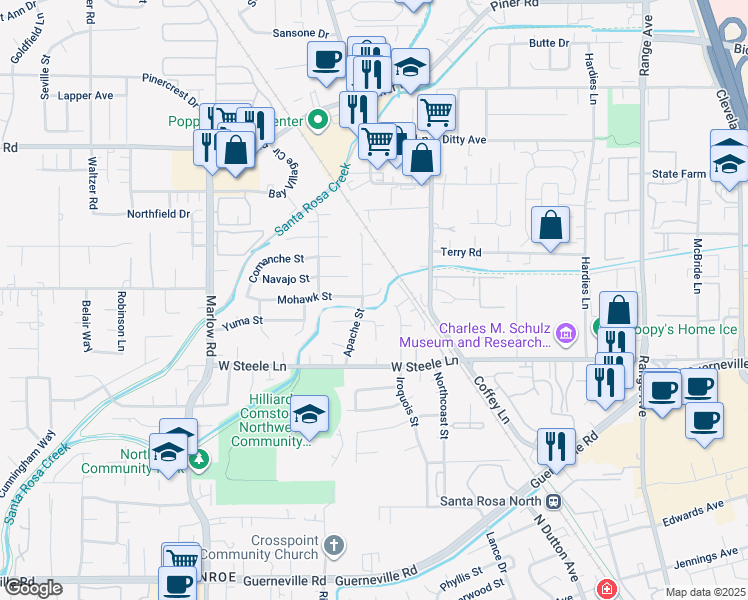 map of restaurants, bars, coffee shops, grocery stores, and more near 2574 Mohawk Court in Santa Rosa