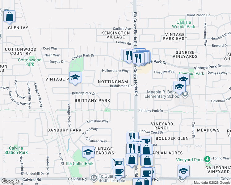 map of restaurants, bars, coffee shops, grocery stores, and more near 8094 Darien Circle in Sacramento