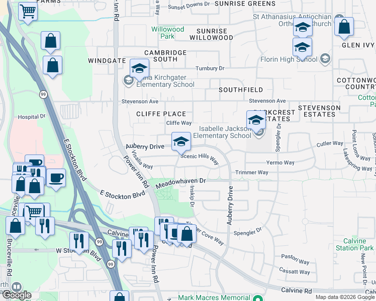 map of restaurants, bars, coffee shops, grocery stores, and more near 8214 Scenic Hills Way in Sacramento