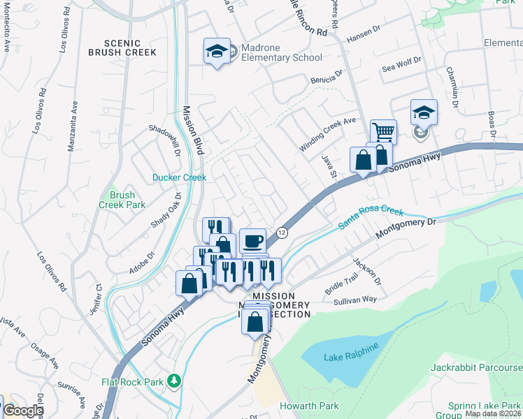 map of restaurants, bars, coffee shops, grocery stores, and more near 27 Redwing Drive in Santa Rosa