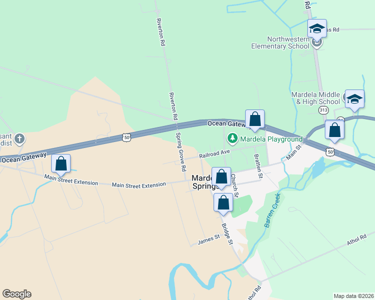 map of restaurants, bars, coffee shops, grocery stores, and more near 505 Railroad Avenue in Mardela Springs