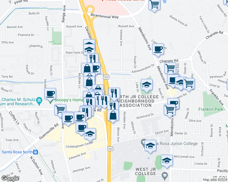 map of restaurants, bars, coffee shops, grocery stores, and more near 2300 County Center Drive in Santa Rosa