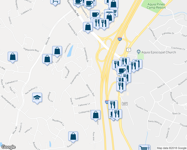 map of restaurants, bars, coffee shops, grocery stores, and more near 509 Stafford Glen Court in Stafford