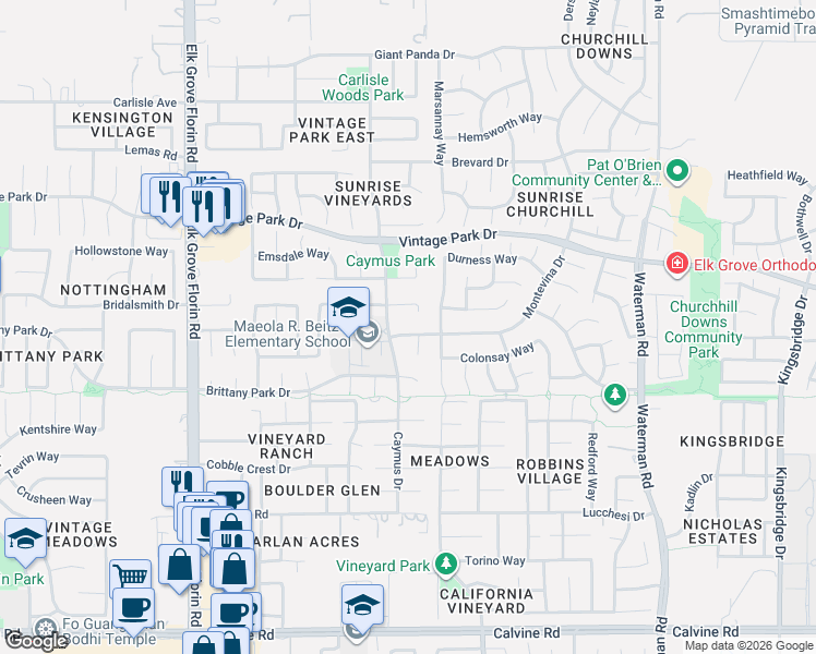 map of restaurants, bars, coffee shops, grocery stores, and more near 8233 Montevina Drive in Sacramento