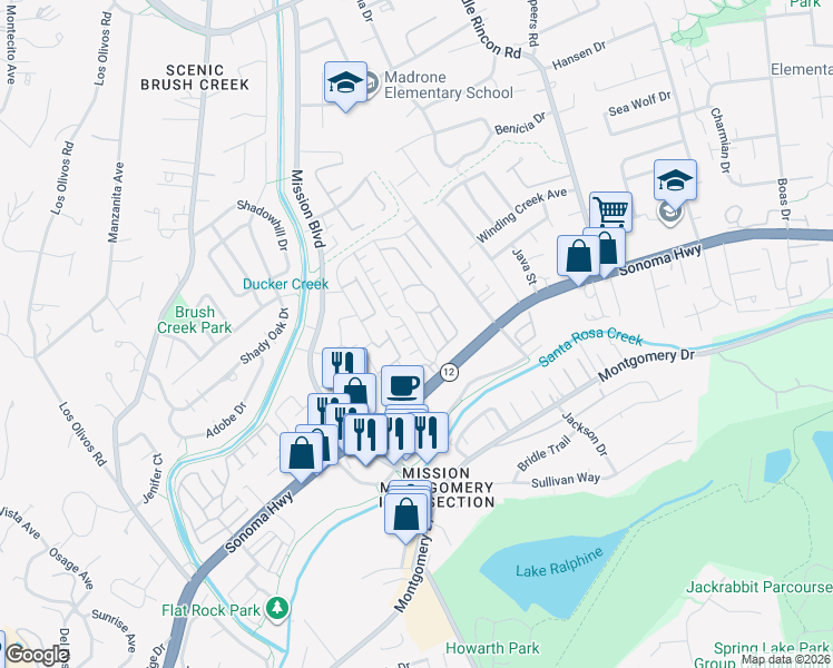 map of restaurants, bars, coffee shops, grocery stores, and more near 27 Redwing Drive in Santa Rosa