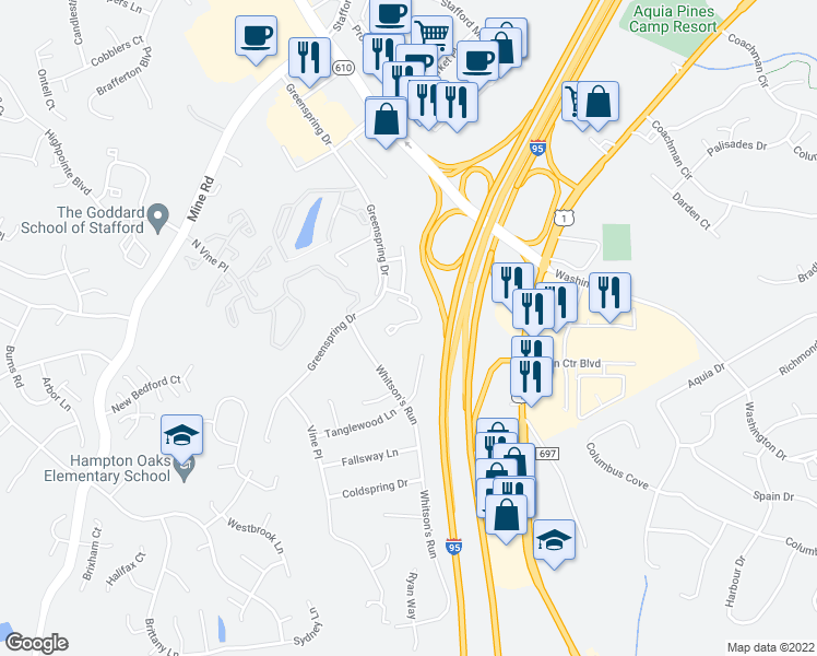 map of restaurants, bars, coffee shops, grocery stores, and more near 511 Stafford Glen Court in Stafford