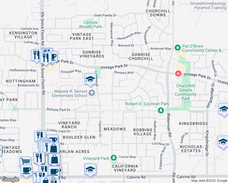 map of restaurants, bars, coffee shops, grocery stores, and more near 8196 Montevina Drive in Sacramento