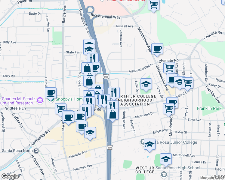 map of restaurants, bars, coffee shops, grocery stores, and more near 2300 County Center Drive in Santa Rosa