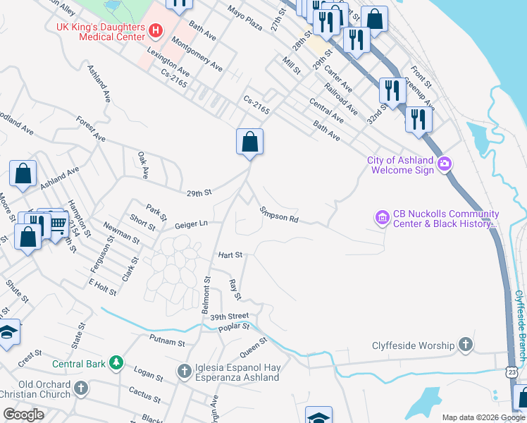 map of restaurants, bars, coffee shops, grocery stores, and more near 2001 Powell Street in Ashland