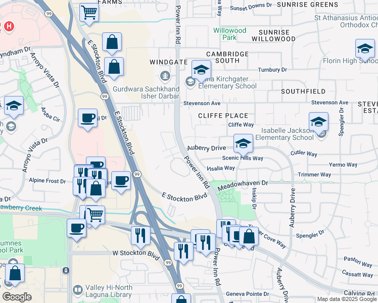 map of restaurants, bars, coffee shops, grocery stores, and more near 8100 Auberry Drive in Sacramento