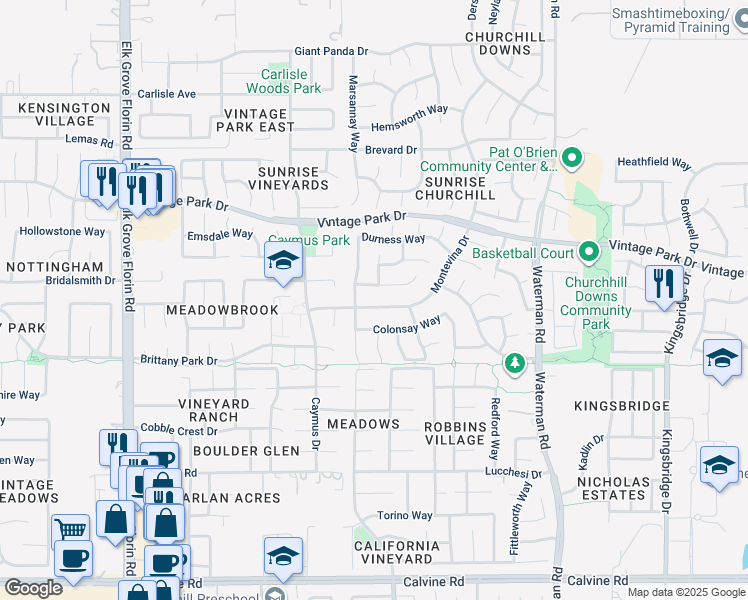 map of restaurants, bars, coffee shops, grocery stores, and more near 8184 Montevina Drive in Sacramento