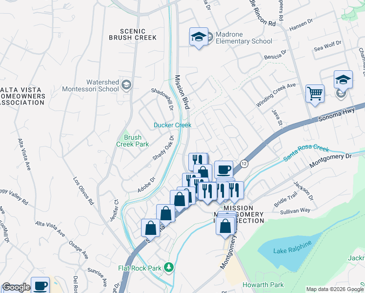 map of restaurants, bars, coffee shops, grocery stores, and more near 1100 Mission Boulevard in Santa Rosa