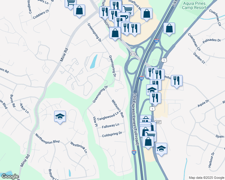 map of restaurants, bars, coffee shops, grocery stores, and more near 708 Stafford Glen Court in Stafford