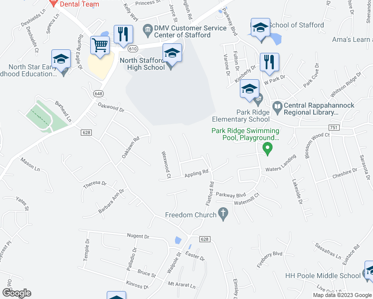 map of restaurants, bars, coffee shops, grocery stores, and more near 13 Wren Way Court in Stafford