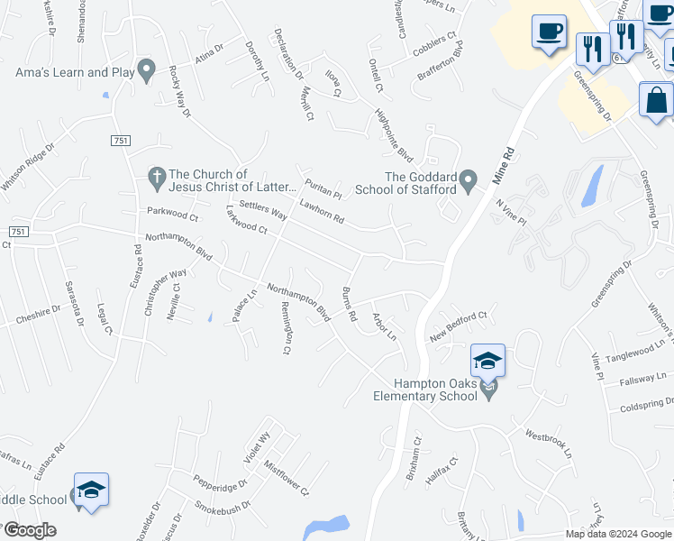 map of restaurants, bars, coffee shops, grocery stores, and more near 3 Larkwood Court in Stafford