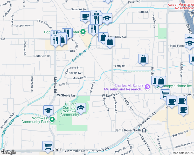 map of restaurants, bars, coffee shops, grocery stores, and more near 2576 Mohawk Court in Santa Rosa