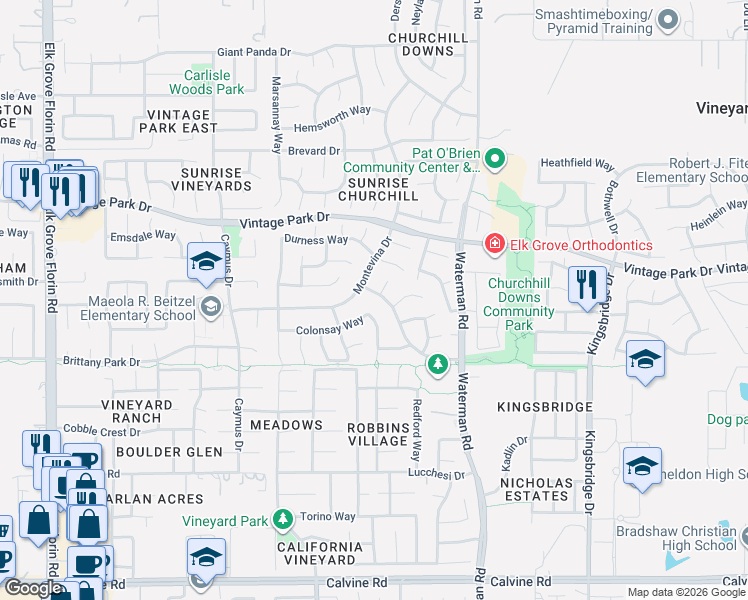 map of restaurants, bars, coffee shops, grocery stores, and more near 9217 Colonsay Way in Sacramento