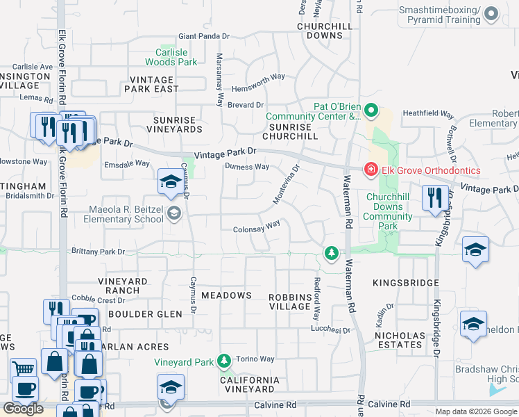 map of restaurants, bars, coffee shops, grocery stores, and more near 9175 Colonsay Way in Sacramento