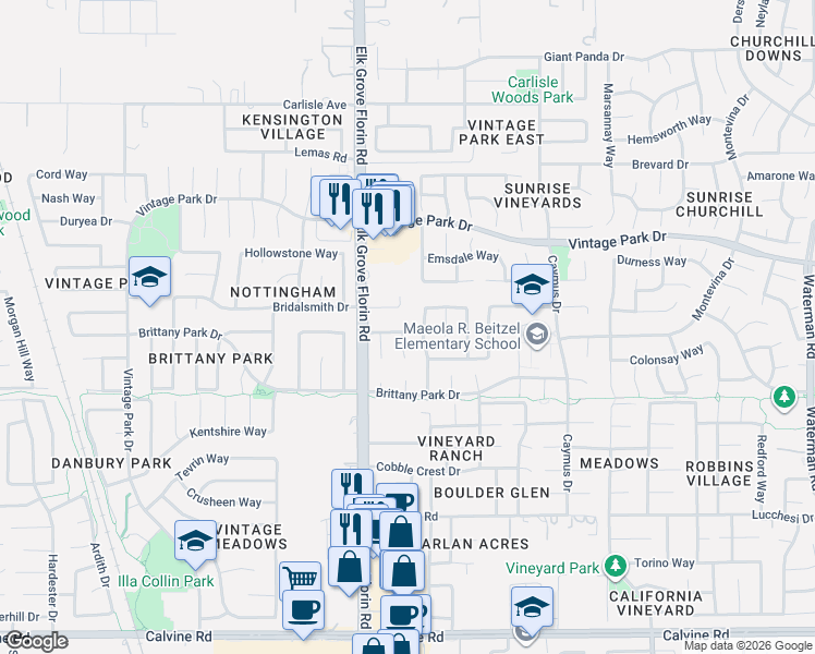 map of restaurants, bars, coffee shops, grocery stores, and more near 8156 Silverleaf Way in Sacramento