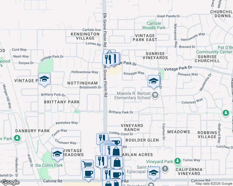 map of restaurants, bars, coffee shops, grocery stores, and more near 8156 Silverleaf Way in Sacramento