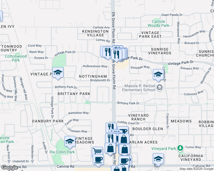 map of restaurants, bars, coffee shops, grocery stores, and more near 8166 Darien Circle in Sacramento