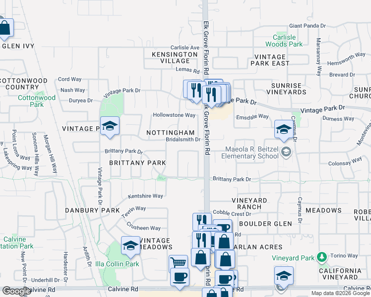 map of restaurants, bars, coffee shops, grocery stores, and more near 8094 Darien Circle in Sacramento