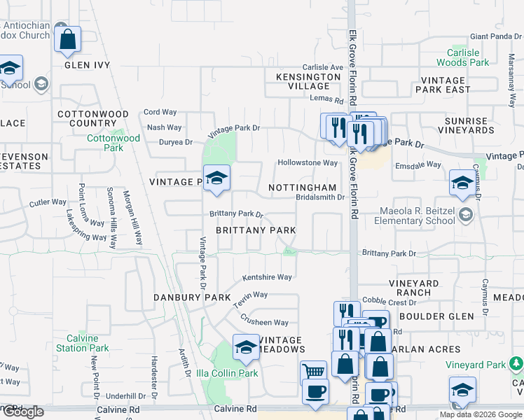 map of restaurants, bars, coffee shops, grocery stores, and more near 8256 Derbyshire Circle in Sacramento