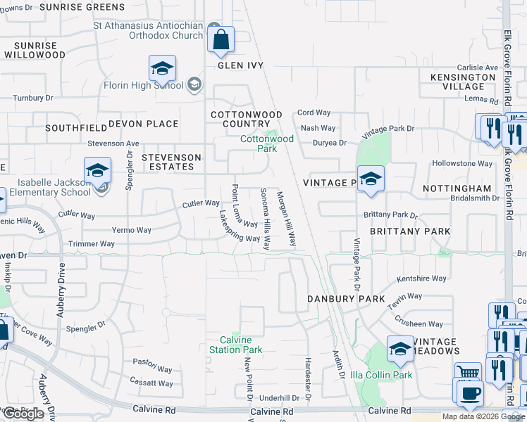 map of restaurants, bars, coffee shops, grocery stores, and more near 8604 Franzia Court in Sacramento