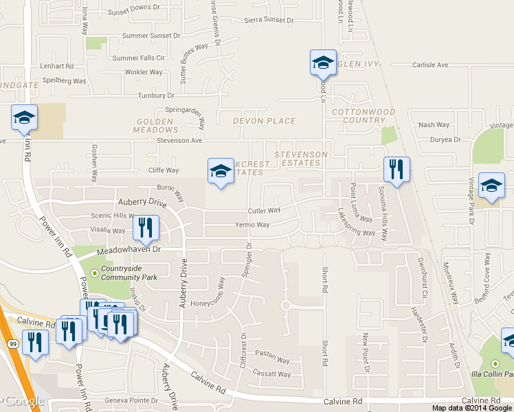 map of restaurants, bars, coffee shops, grocery stores, and more near 8393 Yermo Way in Sacramento