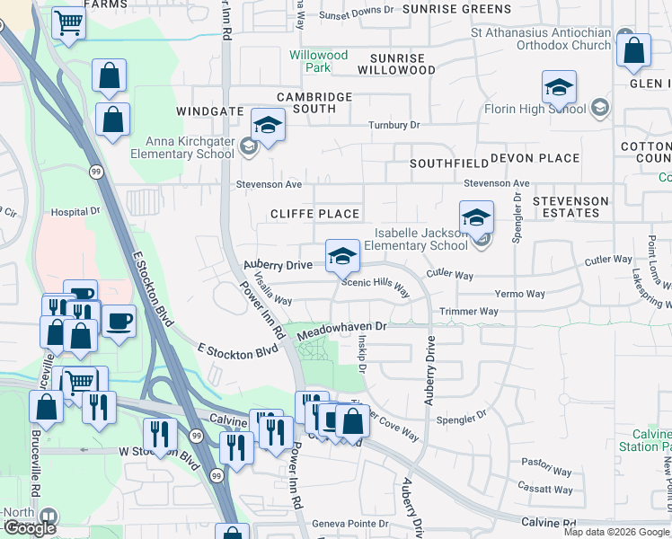 map of restaurants, bars, coffee shops, grocery stores, and more near 8180 Scenic Hills Way in Sacramento