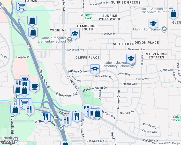 map of restaurants, bars, coffee shops, grocery stores, and more near 8180 Scenic Hills Way in Sacramento