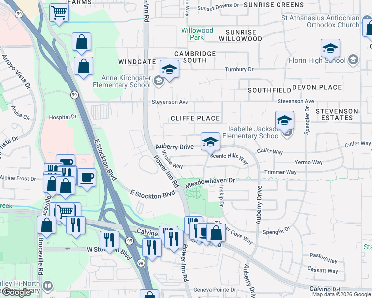 map of restaurants, bars, coffee shops, grocery stores, and more near 8148 Scenic Hills Way in Sacramento