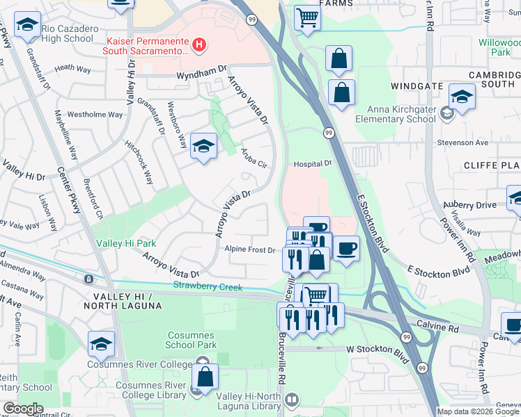 map of restaurants, bars, coffee shops, grocery stores, and more near 5 Graywood Court in Sacramento