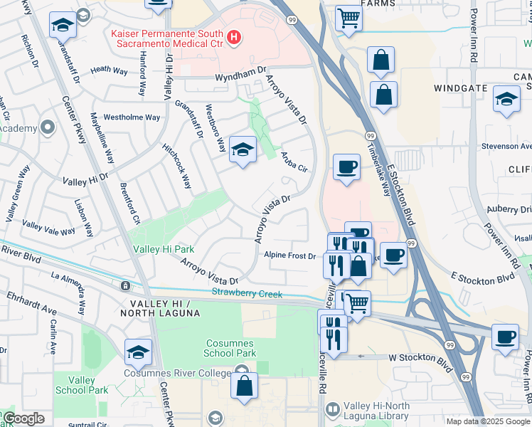 map of restaurants, bars, coffee shops, grocery stores, and more near 8238 Arroyo Vista Drive in Sacramento
