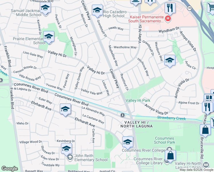 map of restaurants, bars, coffee shops, grocery stores, and more near 6001 Valley Vale Way in Sacramento