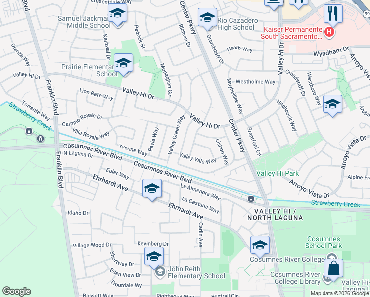 map of restaurants, bars, coffee shops, grocery stores, and more near 5740 Valley Vale Way in Sacramento