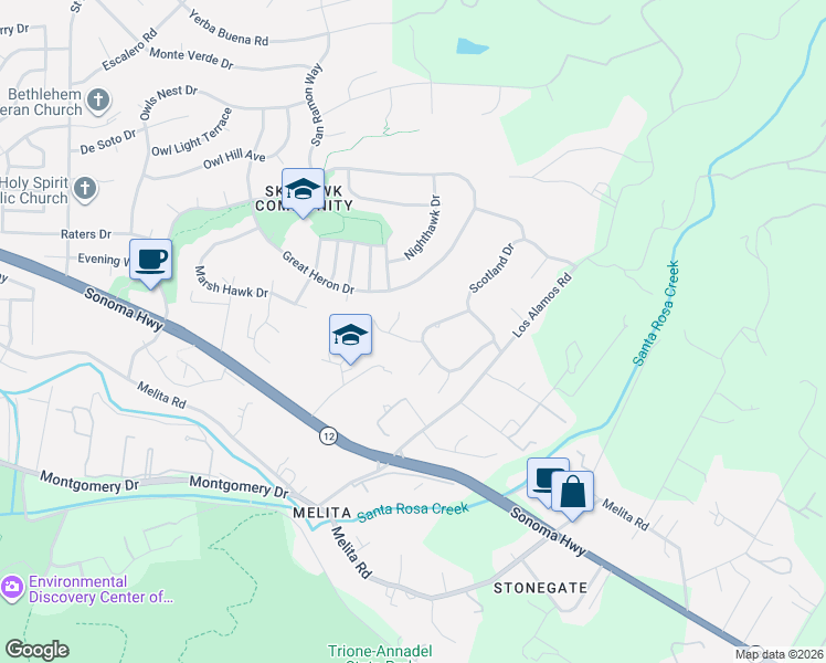 map of restaurants, bars, coffee shops, grocery stores, and more near 542 Bronwyn Glen in Santa Rosa