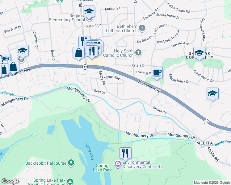 map of restaurants, bars, coffee shops, grocery stores, and more near 5376 Sharon Court in Santa Rosa