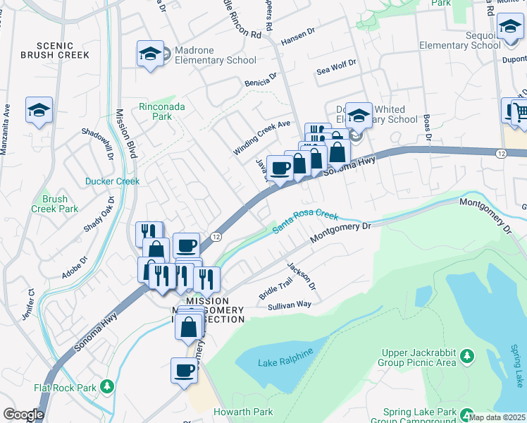 map of restaurants, bars, coffee shops, grocery stores, and more near 4671 Acacia Lane in Santa Rosa