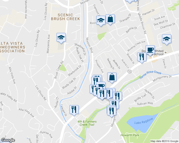 map of restaurants, bars, coffee shops, grocery stores, and more near 1100 Mission Boulevard in Santa Rosa