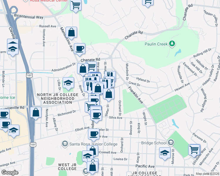 map of restaurants, bars, coffee shops, grocery stores, and more near 2168 Slater Street in Santa Rosa