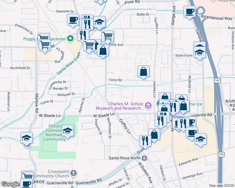 map of restaurants, bars, coffee shops, grocery stores, and more near 1612 Becky Court in Santa Rosa